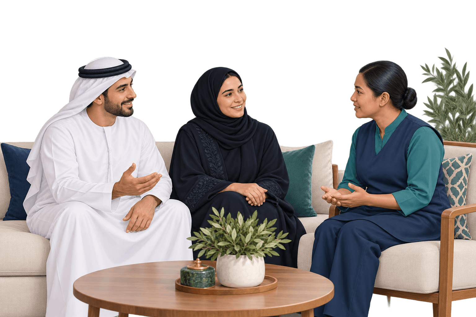 Illustration of a family discussing home support with a professional